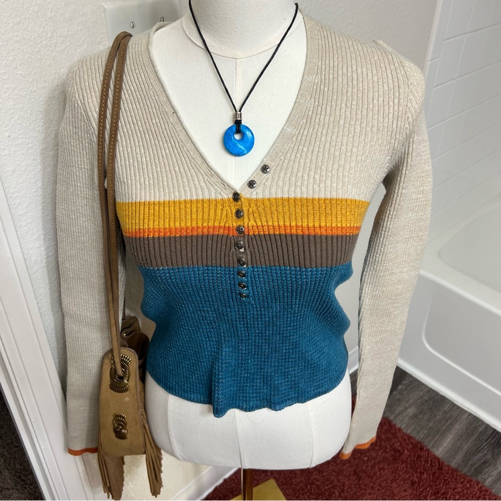 Free People beige blue orange striped boho long sleeve top sunset indie sweater